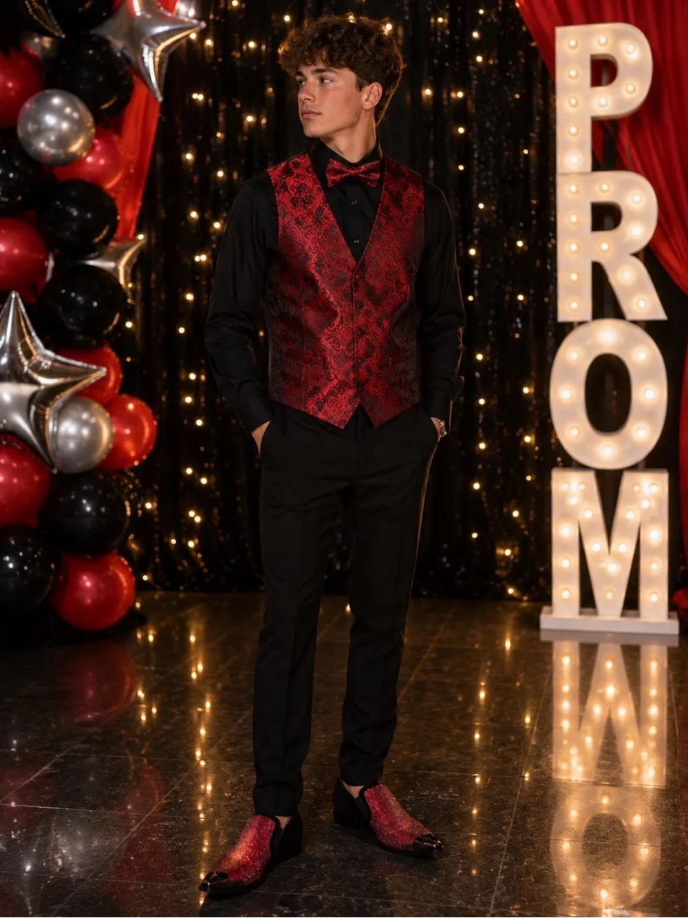Brand Q Red & Black Paisley Men’s Dress Vest Sz L Prom Wedding Formal Tuxedo